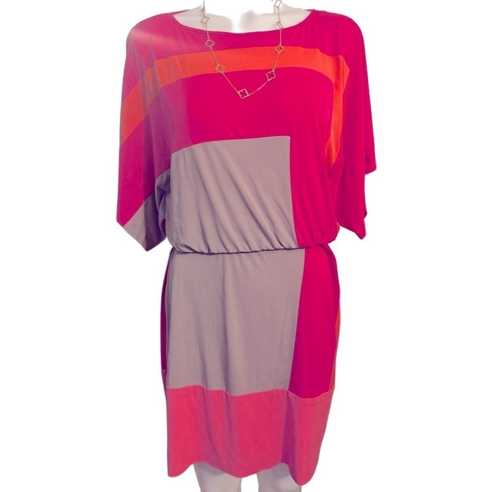 🍀 3 for $20 Suzi Chen Short Sleeve Dress Colorblock Hot Pink Orange Batwing - Picture 4 of 12
